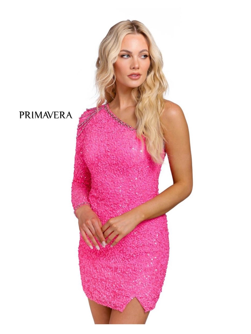 Primavera Couture Hot Pink One-Shoulder Sequin Mini Dress